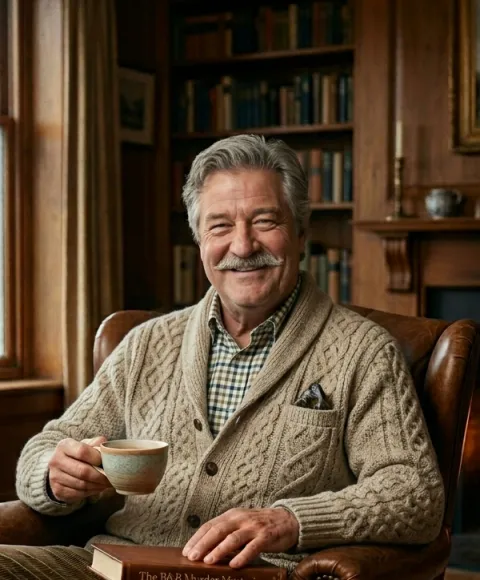 Illustrated portrait of Barnaby Sterling in a cable-knit cardigan, holding a cup of tea in a book-lined study
