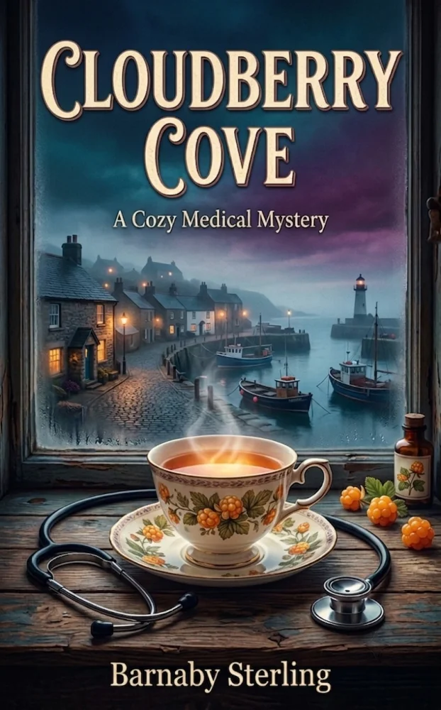 Cloudberry Cove book cover: a steaming teacup on cloudberry-patterned china, a stethoscope and fresh cloudberries on a windowsill overlooking a misty harbour village at dusk